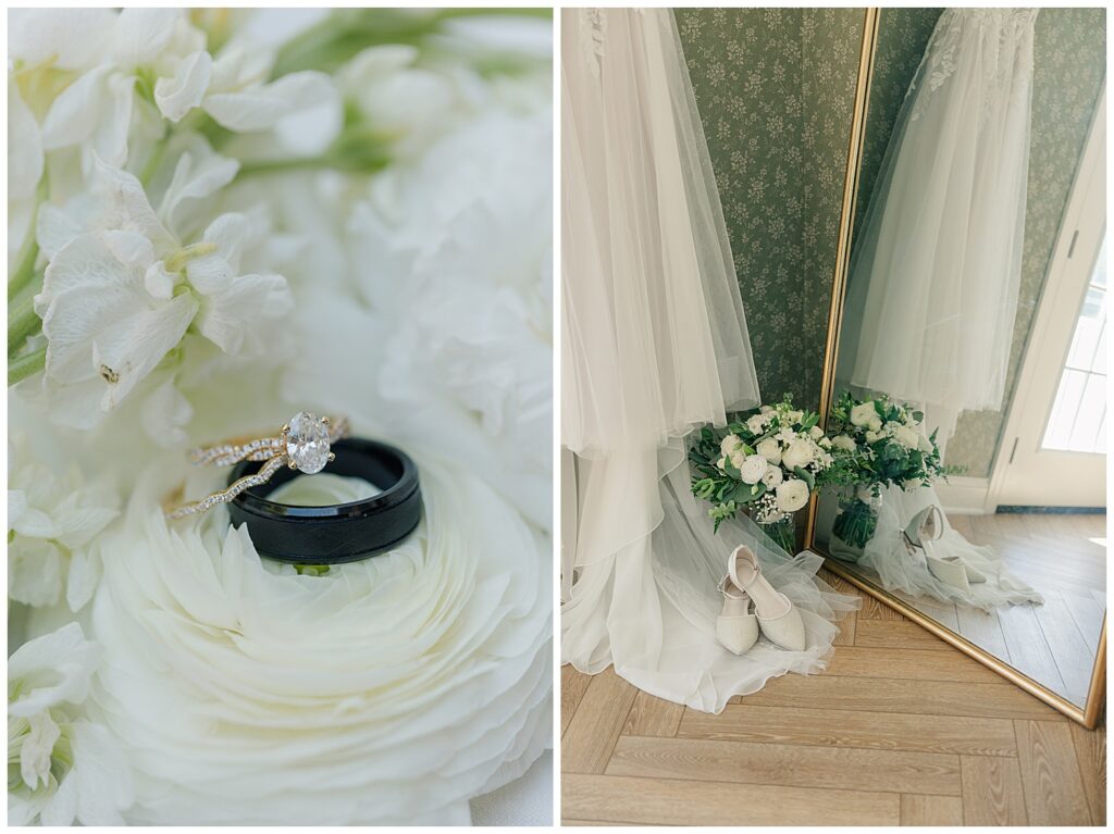 Close-up of wedding bands nestled in white florals at Ellis House Maryland, styled and photographed by Zoe Evans Photography.