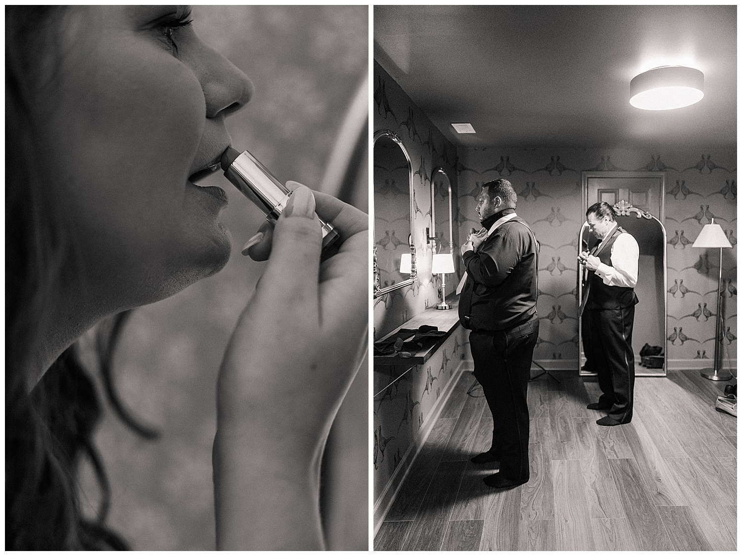 Bride getting ready and applying lipstick before the ceremony at Ellis House Fairmont West Virginia, photographed by Zoe Evans Photography.
