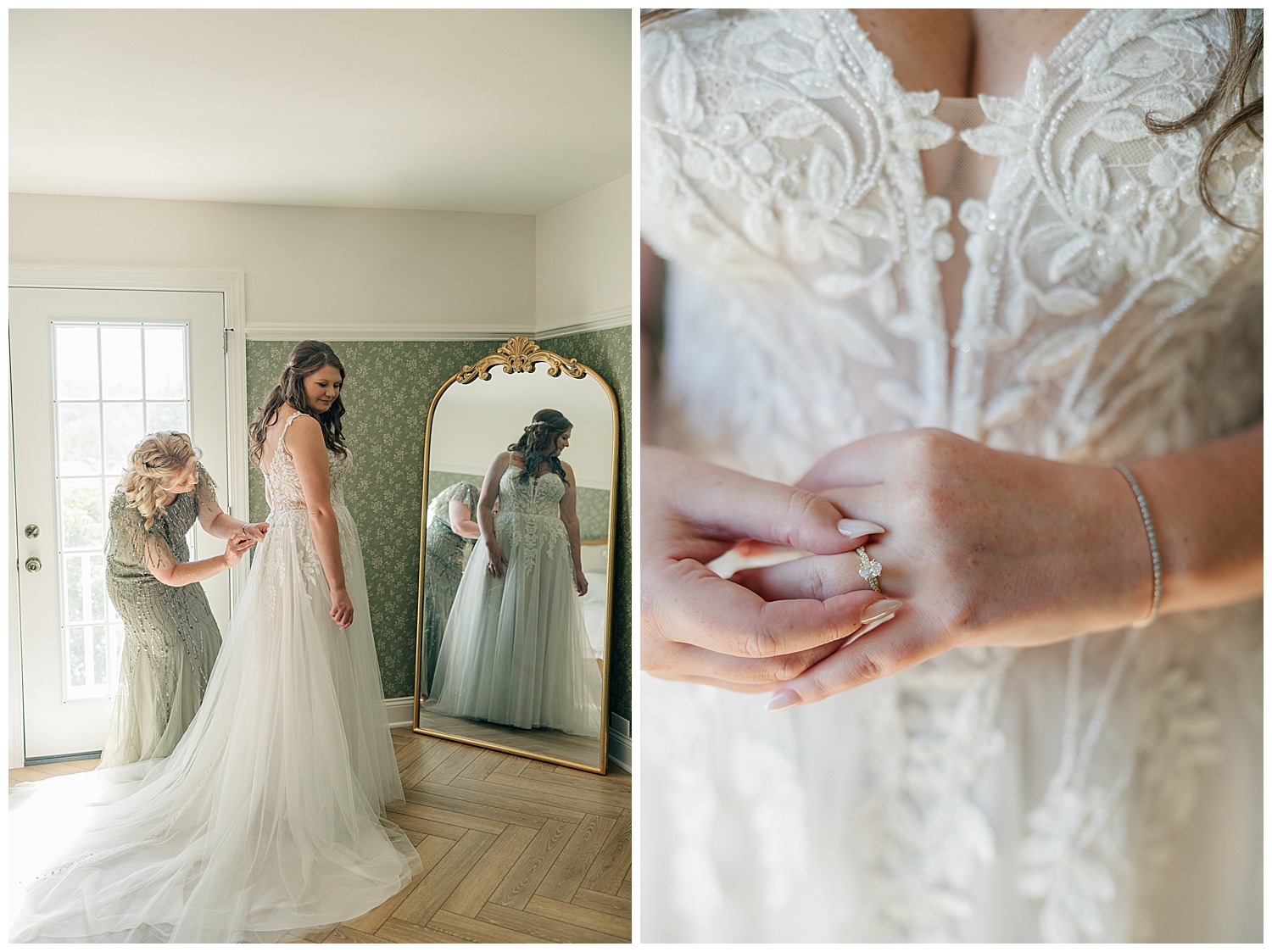 Bride admiring her gown in front of full-length mirror during bridal prep at Ellis House Fairmont West Virginia, Zoe Evans Photography.