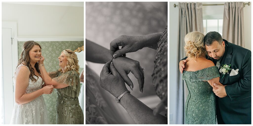 Close-up of bride’s bracelet being fastened before the ceremony at Ellis House Maryland Wedding, Zoe Evans Photography.