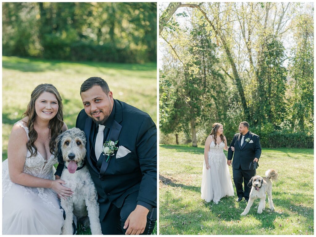 Bride and groom posing with their dog on the lawn at Ellis House Maryland Wedding, sweet pet moment by Zoe Evans Photography.