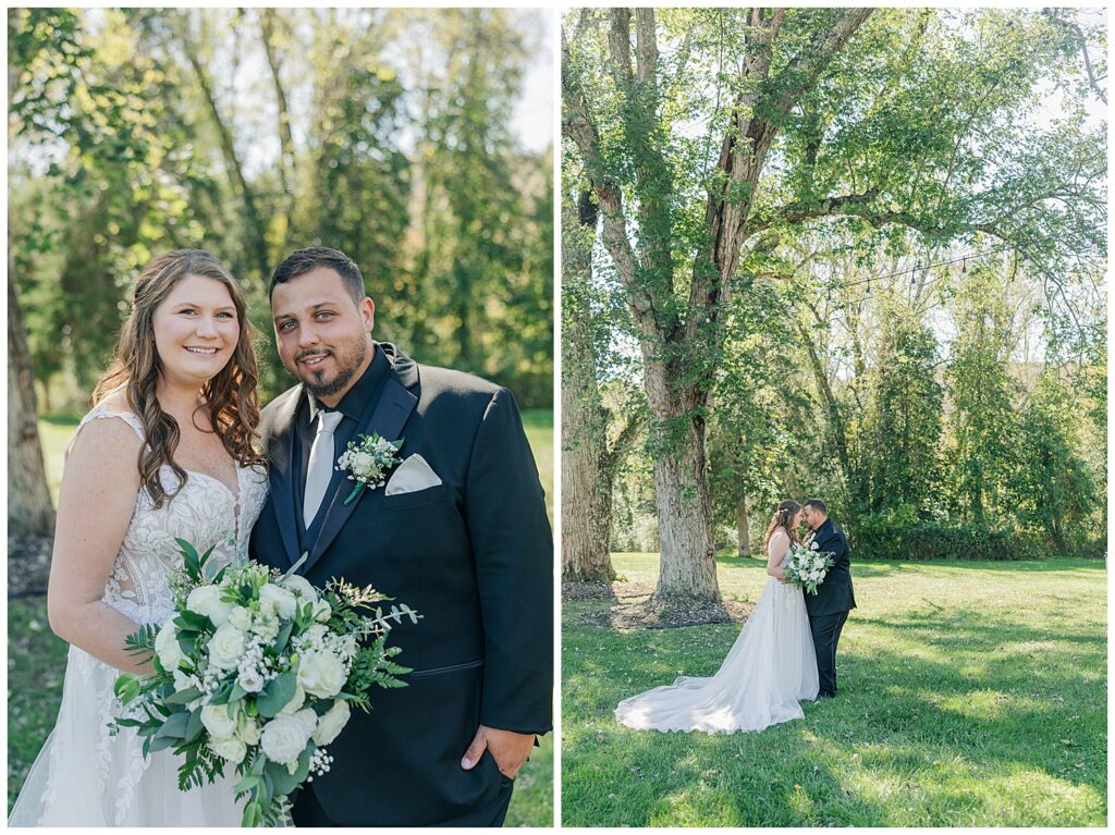 Newlyweds holding a white and green floral bouquet under tall trees at Ellis House Maryland Wedding, by Zoe Evans Photography.