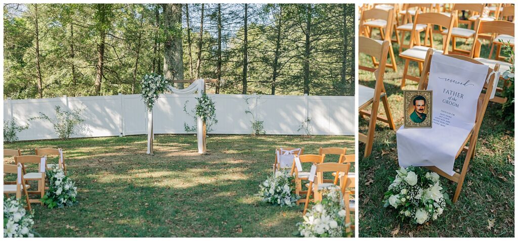 Minimalist floral altar setup for outdoor ceremony at Ellis House Maryland Wedding, by Zoe Evans Photography.