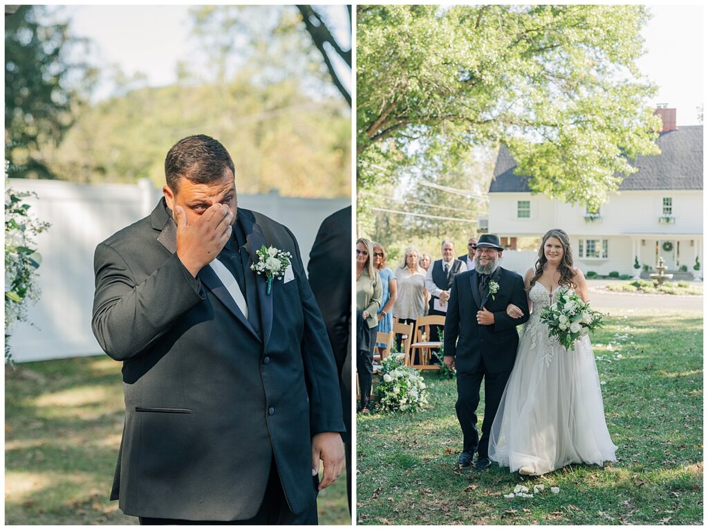 Emotional groom and bride walking down the aisle at Ellis House Maryland Wedding, captured by Zoe Evans Photography.