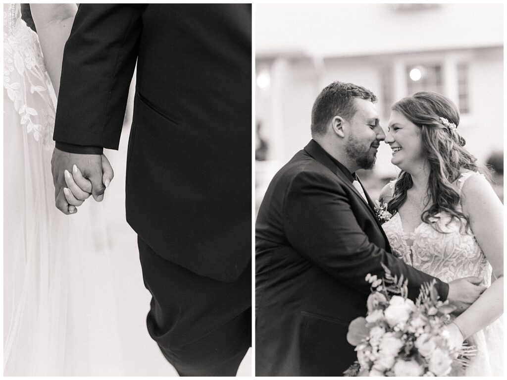 Black and white detail shot of bride and groom holding hands at Ellis House wedding, by Zoe Evans Photography.