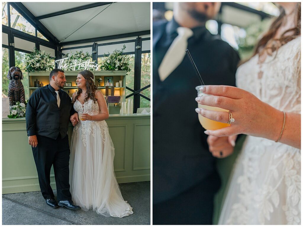 Bride and groom enjoying cocktail hour at their Ellis House Maryland wedding, captured by Zoe Evans Photography.