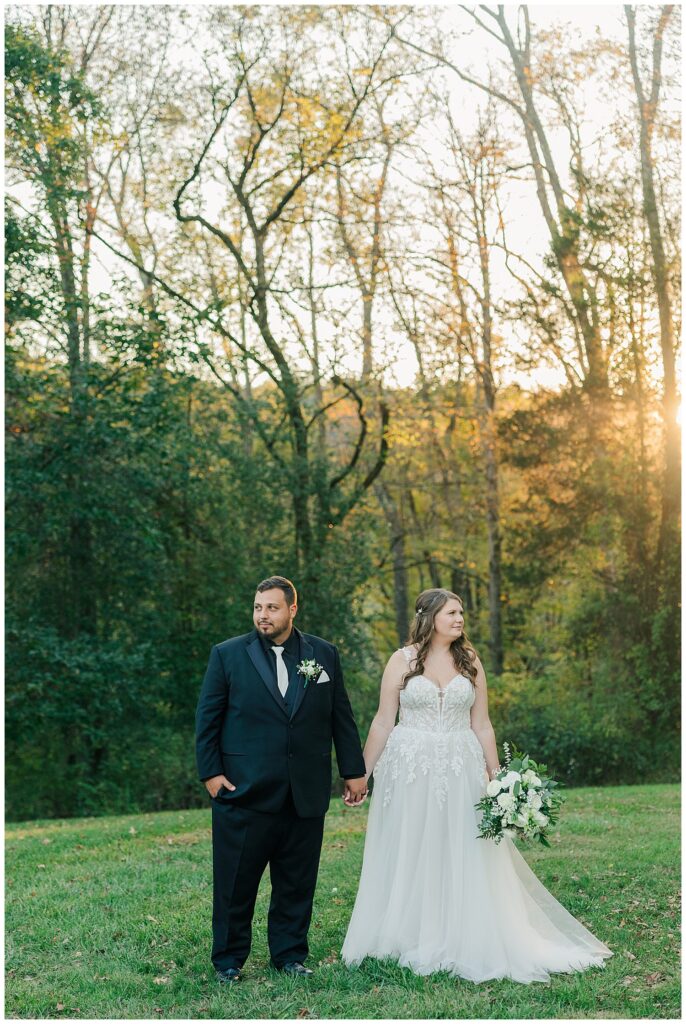 Romantic golden hour stroll through the trees at Ellis House Maryland wedding, captured by Zoe Evans Photography.