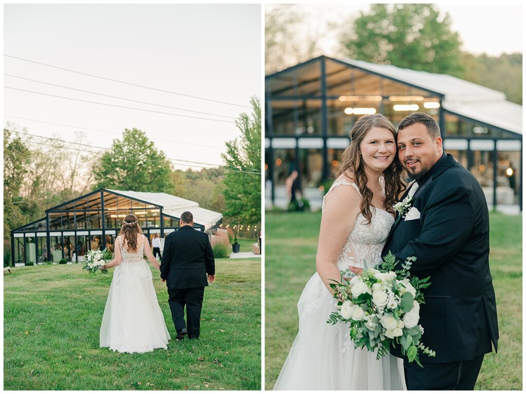 Newlyweds walk hand in hand toward their reception tent at Ellis House Maryland, photographed by Zoe Evans Photography.