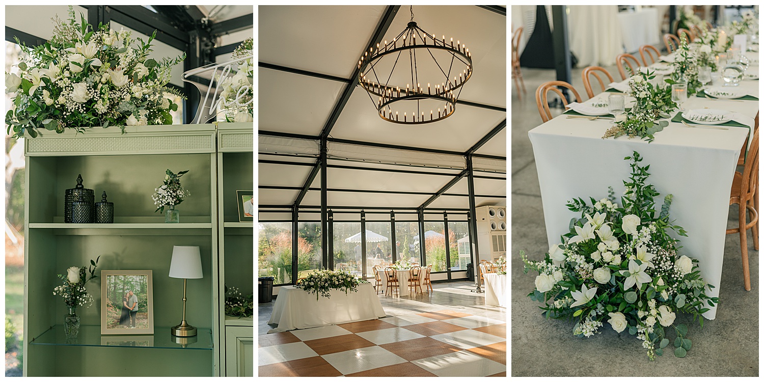 Chic wedding reception room at Ellis House with modern chandeliers and natural lighting, captured by Zoe Evans Photography.