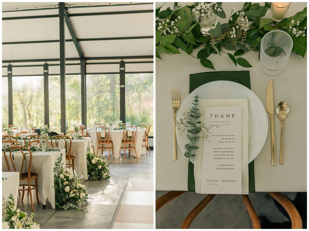 Modern glass reception space with greenery and white floral centerpieces at Ellis House, Minimalist and elegant wedding place setting with custom menu and greenery detail, styled at Ellis House Maryland, by Zoe Evans Photography.