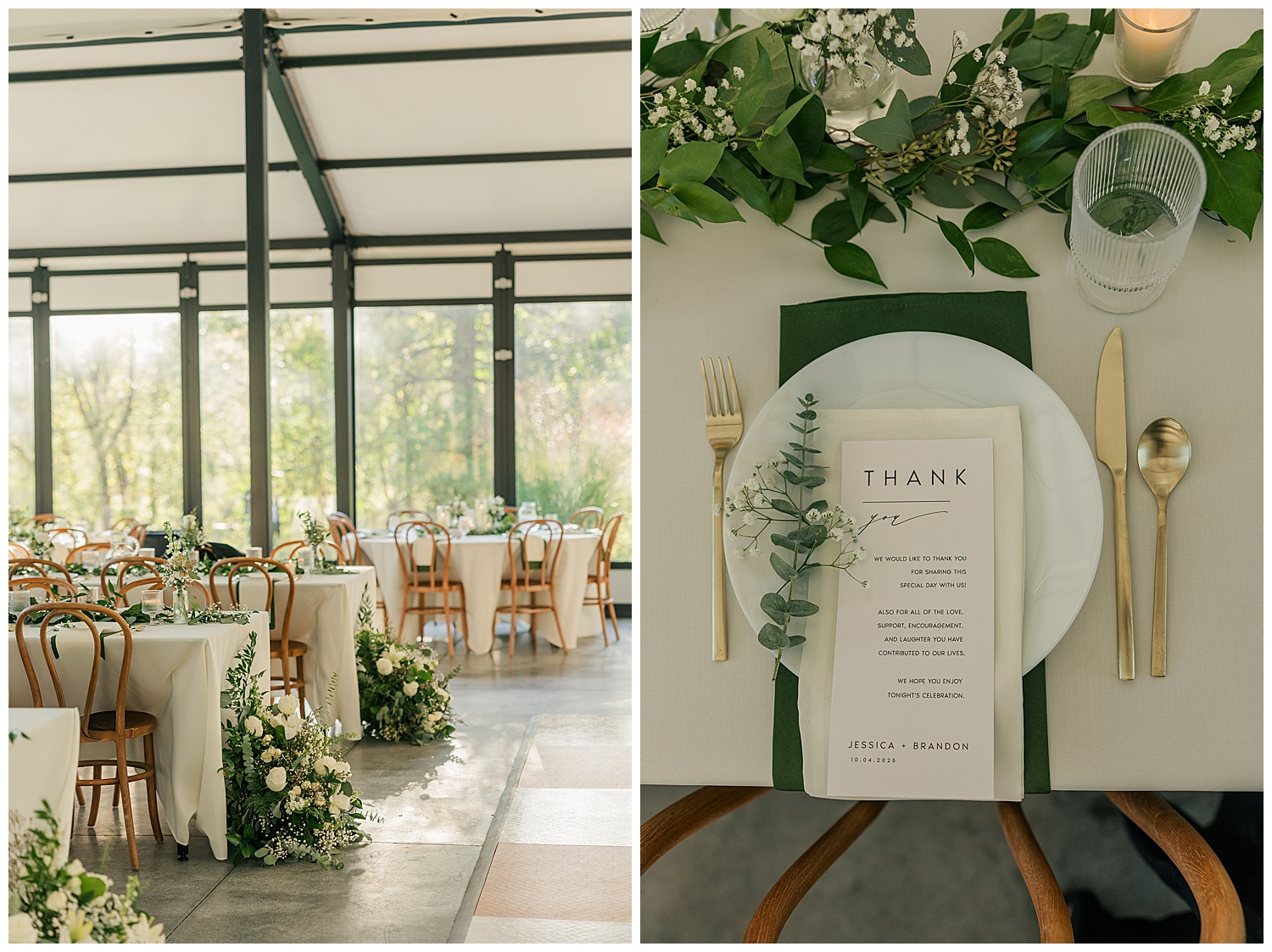 Modern glass reception space with greenery and white floral centerpieces at Ellis House, Minimalist and elegant wedding place setting with custom menu and greenery detail, styled at Ellis House Fairmont West Virginia, by Zoe Evans Photography.