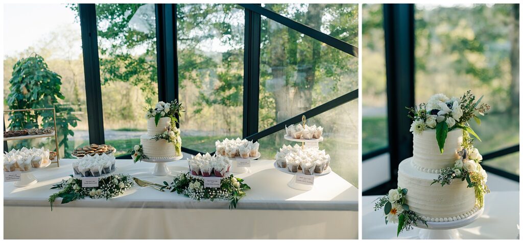 Elegant wedding cake display with greenery and florals near floor-to-ceiling windows at Ellis House Maryland, photographed by Zoe Evans Photography.