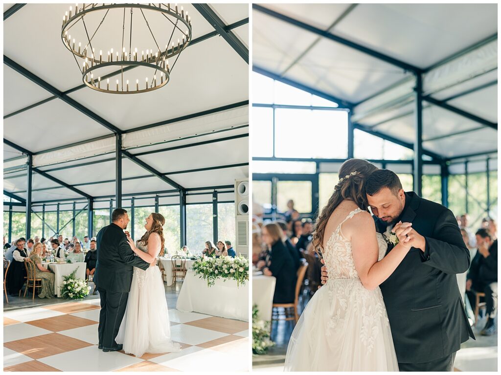 Bride and groom sharing their first dance beneath modern chandeliers in the glass reception space at Ellis House Maryland, by Zoe Evans Photography.