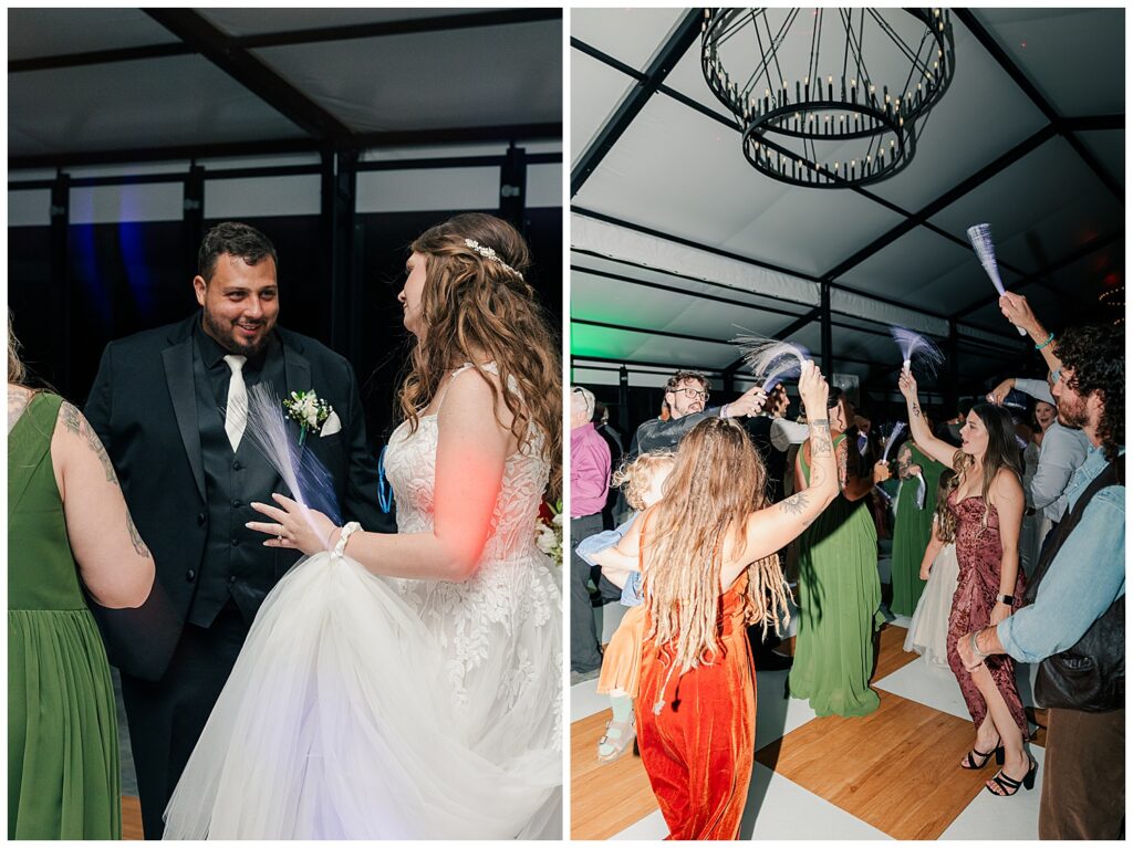 Bride and groom dancing with guests under modern lighting at their Ellis House reception, by Zoe Evans Photography.