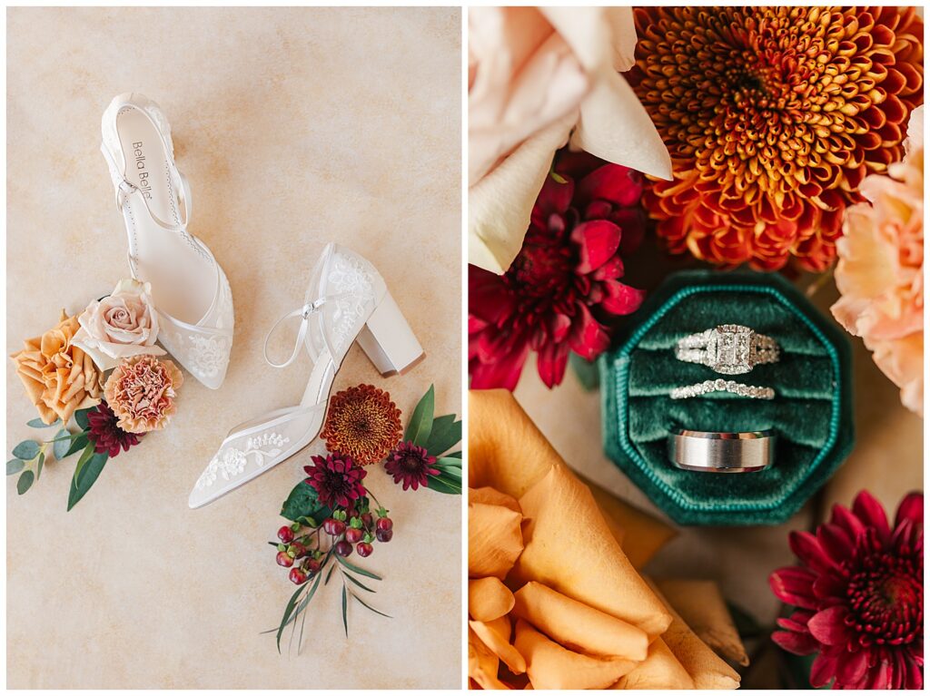 Autumn-inspired wedding details with velvet ring box, florals, and invitation suite at Palomino Pastures wedding venue in WV.