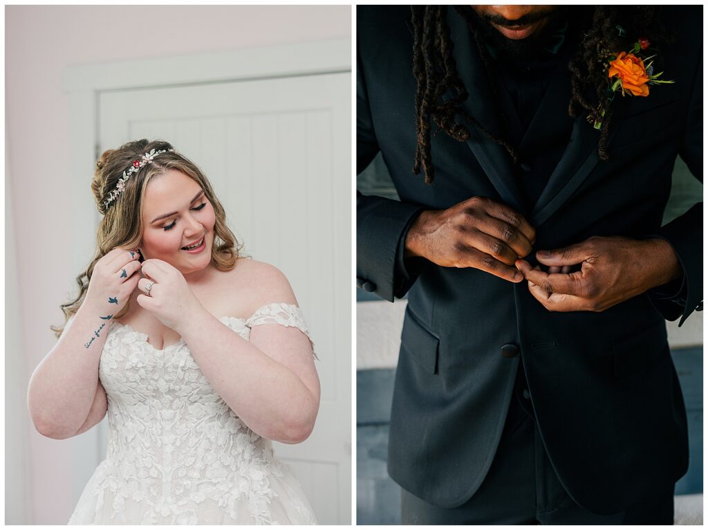 Bride adds final touches to her wedding day look at Palomino Pastures bridal suite in Ritchie County, WV. Groom buttons up his wedding suit ahead of his fall ceremony at Palomino Pastures wedding venue in West Virginia.