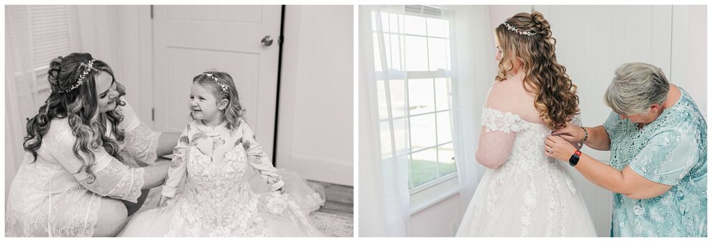 Bride shares a tender moment with her flower girl in the getting ready room at Palomino Pastures in West Virginia.