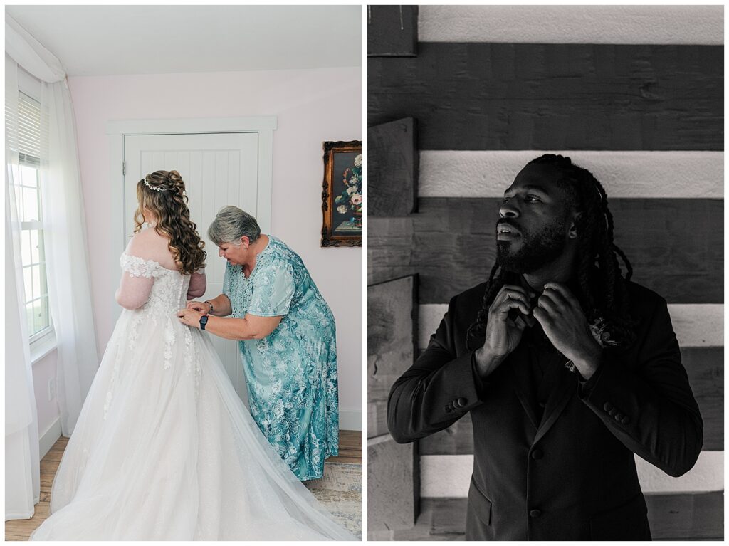 Mother of the bride fastening the wedding gown inside bridal suite at Palomino Pastures in Ritchie County, WV. Groom getting ready photo