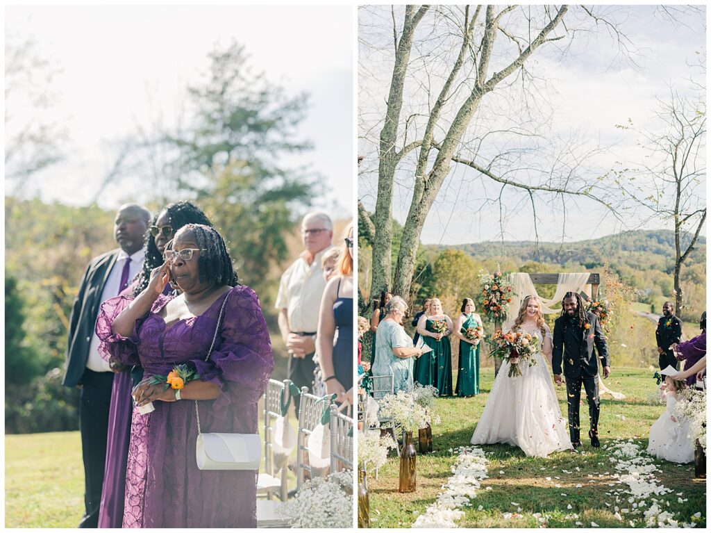 Mother of the groom watching emotional outdoor ceremony at Palomino Pastures.