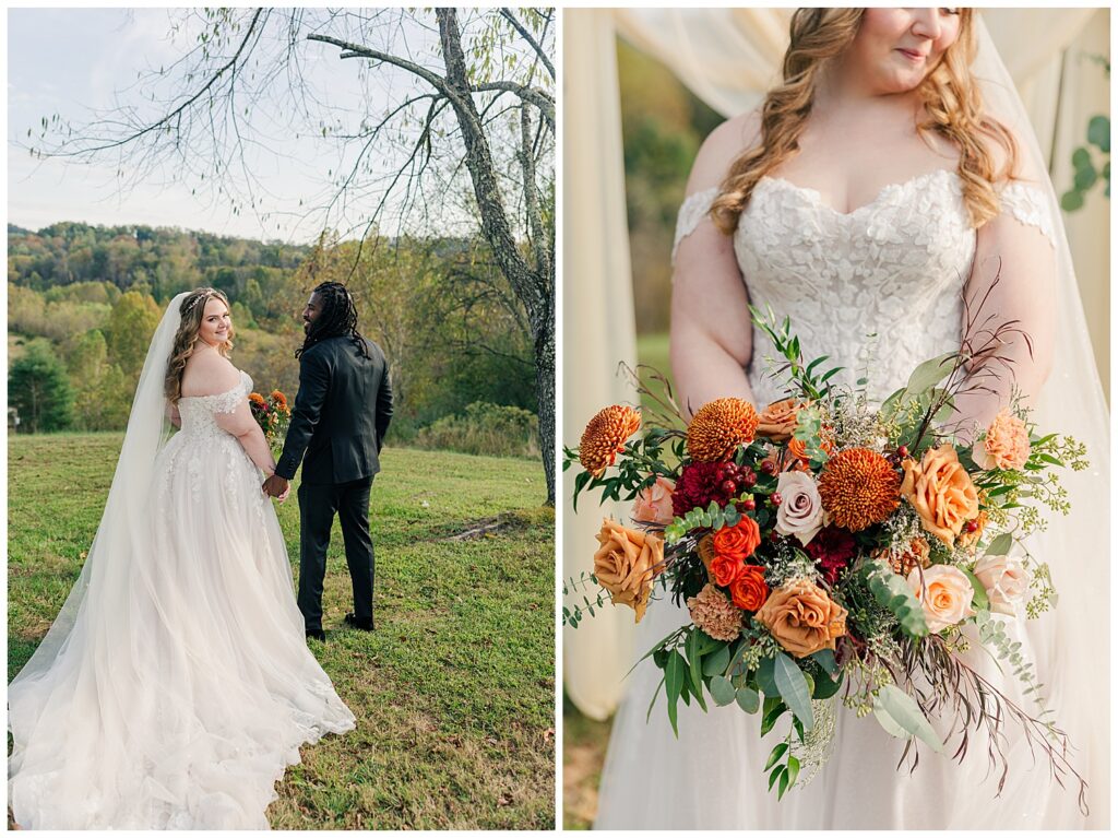 Bride and groom holding hands, walking across the field at Palomino Pastures wedding venue in Ritchie County, WV.