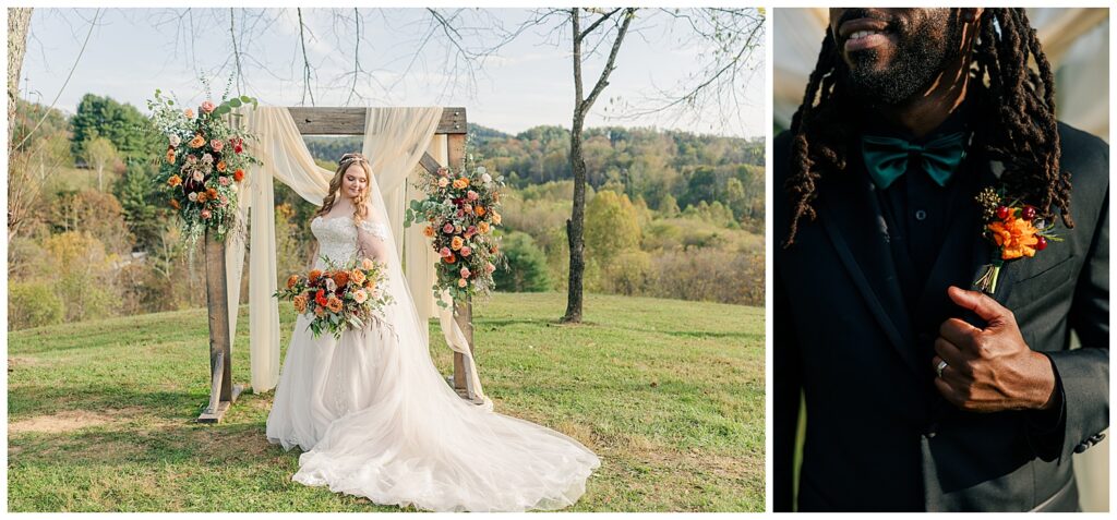 Bride standing alone by floral arch with soft sunlight in Ritchie County, WV