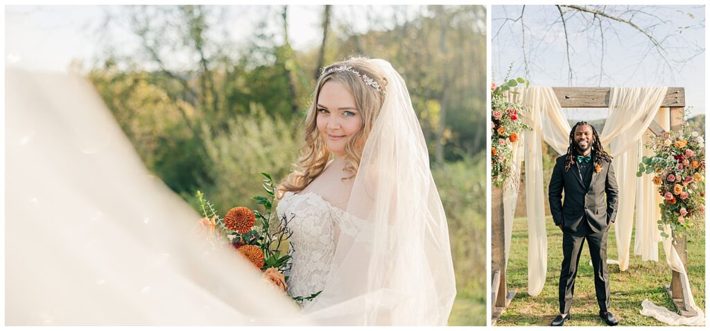 Bride twirling in her lace wedding gown with colorful fall bouquet in West Virginia countryside