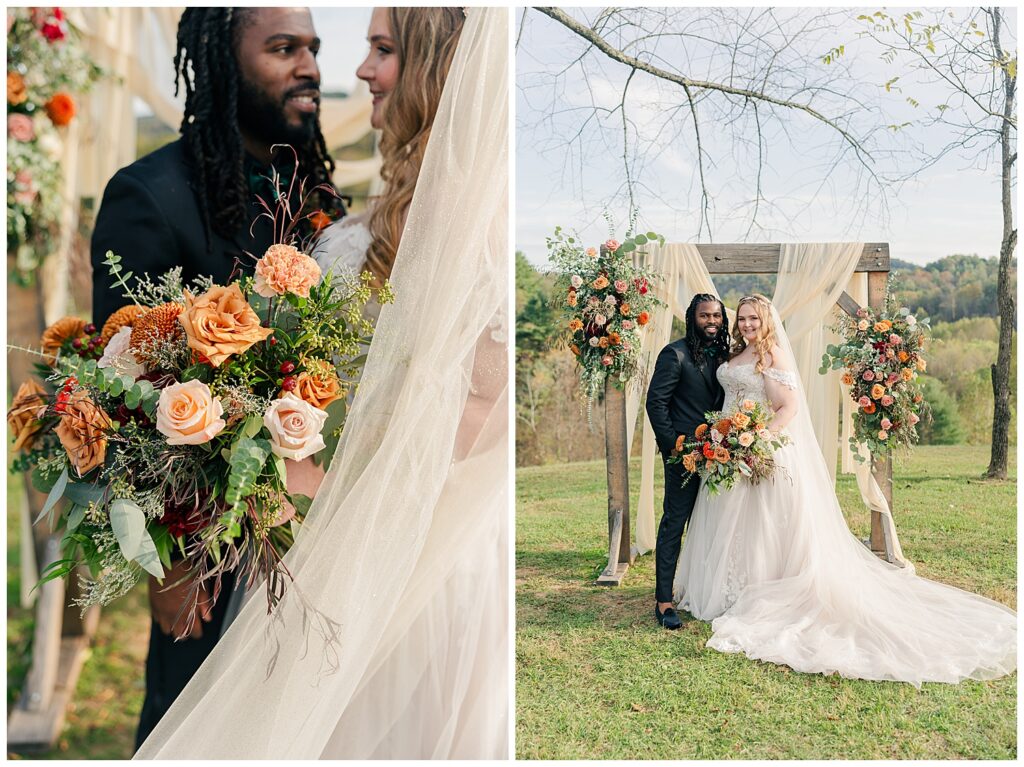 Romantic close-up of bride and groom in front of floral arch at Palomino Pastures wedding
