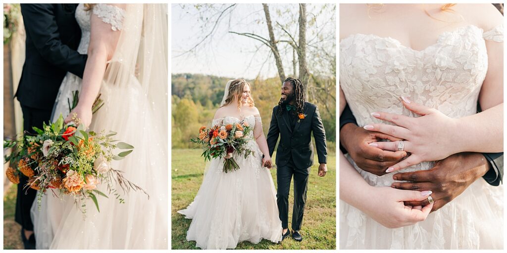 Bride and groom holding hands during golden hour at Palomino Pastures in Ritchie County, WV wedding by Zoe Evans Photography