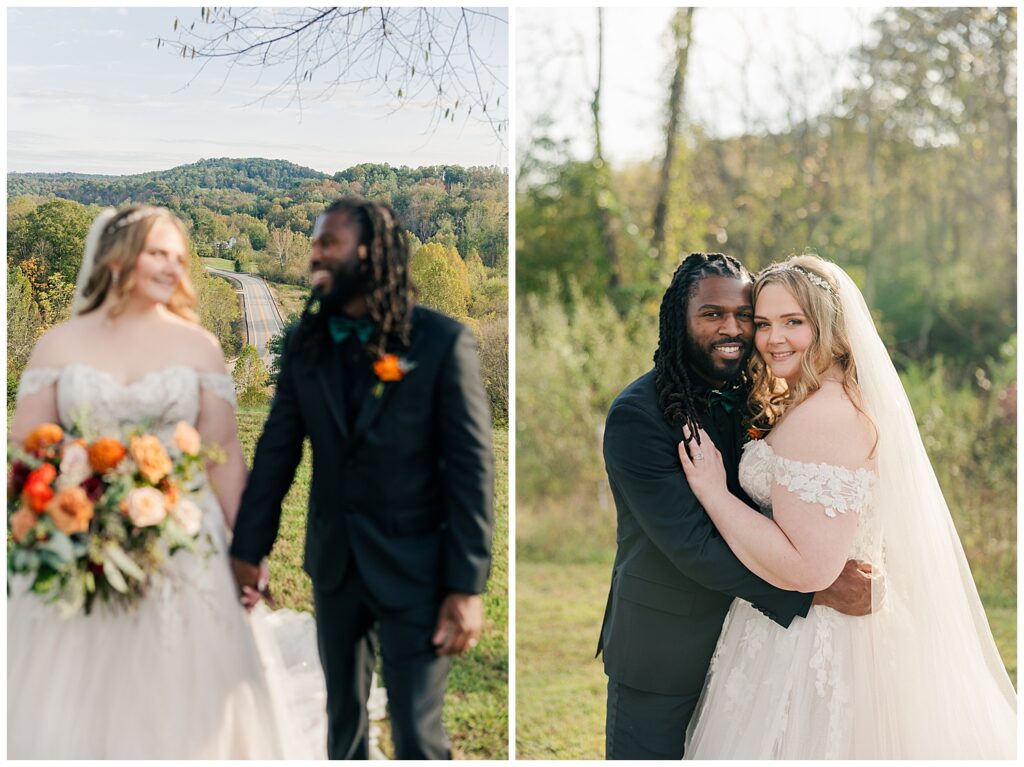 Newlyweds walk hand-in-hand through a field at Palomino Pastures wedding venue, glowing with joy. Photography by Zoe Evans, Ritchie County WV.