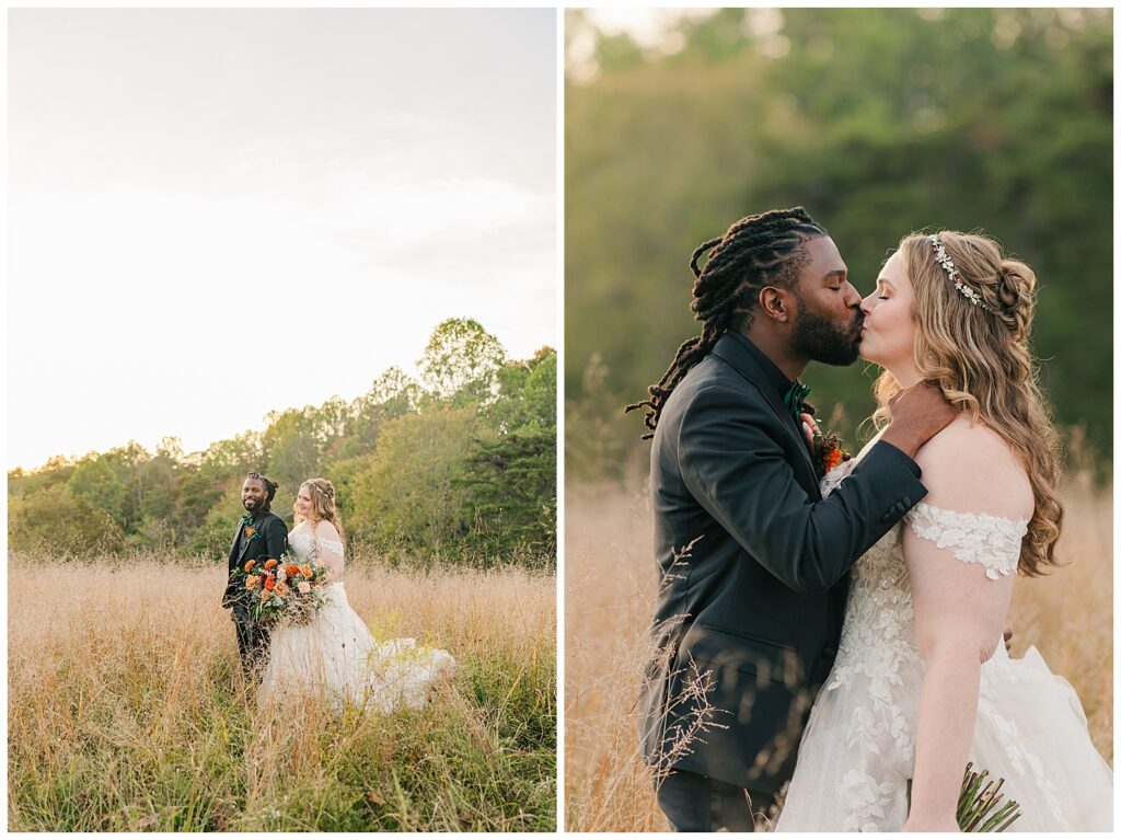 Bride and groom share an intimate moment during sunset portraits at Palomino Pastures in Ritchie County, West Virginia. Captured by Zoe Evans Photography.
