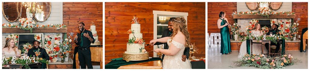 Groom’s best man giving a heartfelt speech beside the bride and groom seated at a floral-covered sweetheart table during their Palomino Pastures wedding reception, Bride and groom laughing together as they cut their three-tiered floral wedding cake during a cozy indoor reception in Ritchie County, WV.