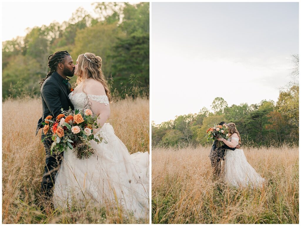 Bride and groom embracing in tall golden grass at sunset at Palomino Pastures outdoor wedding venue