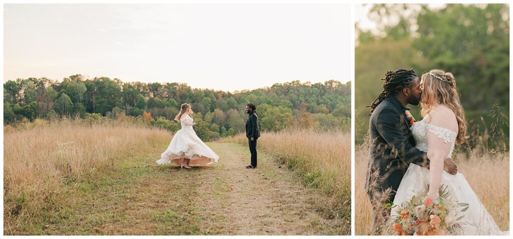 Bride and groom walking through tall grass hand-in-hand at Palomino Pastures wedding in Ritchie County, WV