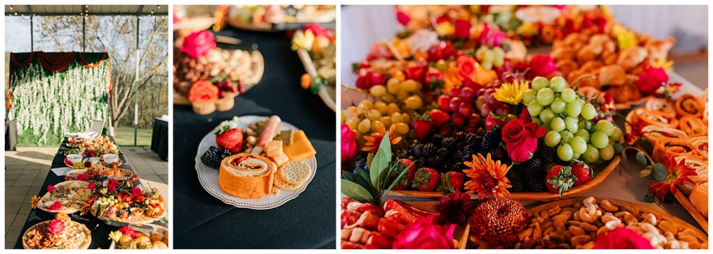 Close-up of fall-inspired charcuterie board with cheese, fruit, and crackers at Palomino Pastures wedding reception in Ritchie County, WV