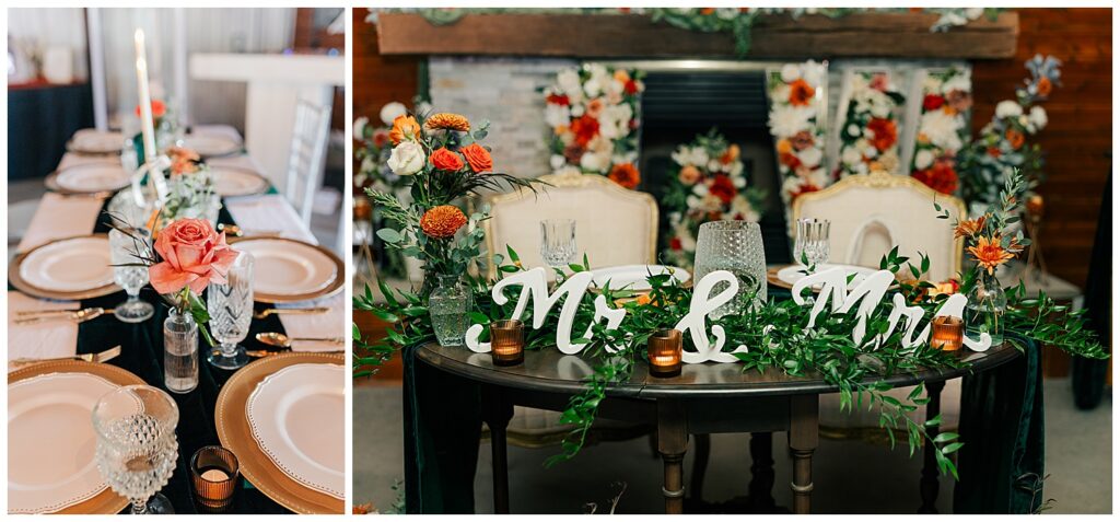 Rustic sweetheart table with 'Mr & Mrs' sign, fall floral arrangements, and greenery at a Palomino Pastures wedding reception in Ritchie County, West Virginia.