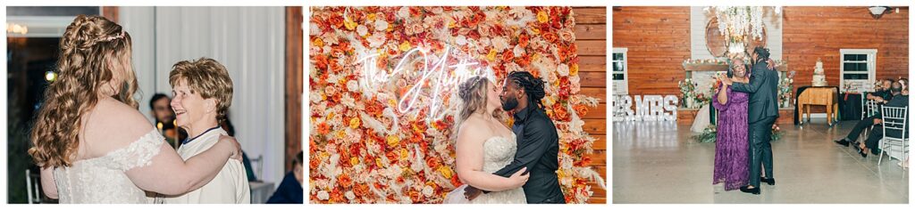 Newlywed couple kisses in front of a fall-themed floral photo booth wall at their cozy Palomino Pastures wedding reception in Ritchie County, WV.