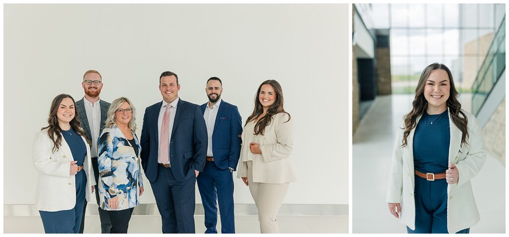 Group photo of financial professionals, professional headshot of a woman dressed in a cream colored blazer and blue jumpsuit.