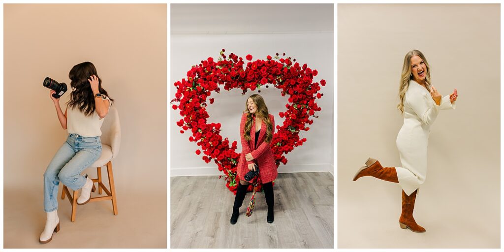 Branding portraits of a female photographer at 304 Collective featuring casual studio shots, a red heart floral installation for Valentine’s Day, and a white dress outfit with boots.