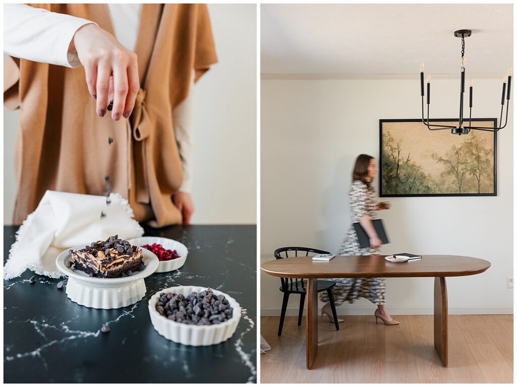 Brand session images of Ashleigh preparing toppings in ramekins and walking across her minimalist dining room space with natural light and a map artwork on the wall.