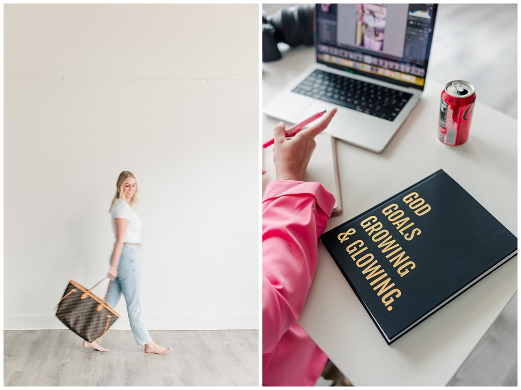 Woman walking with a suitcase in hand, captured against a clean, white background for a minimalist travel brand.