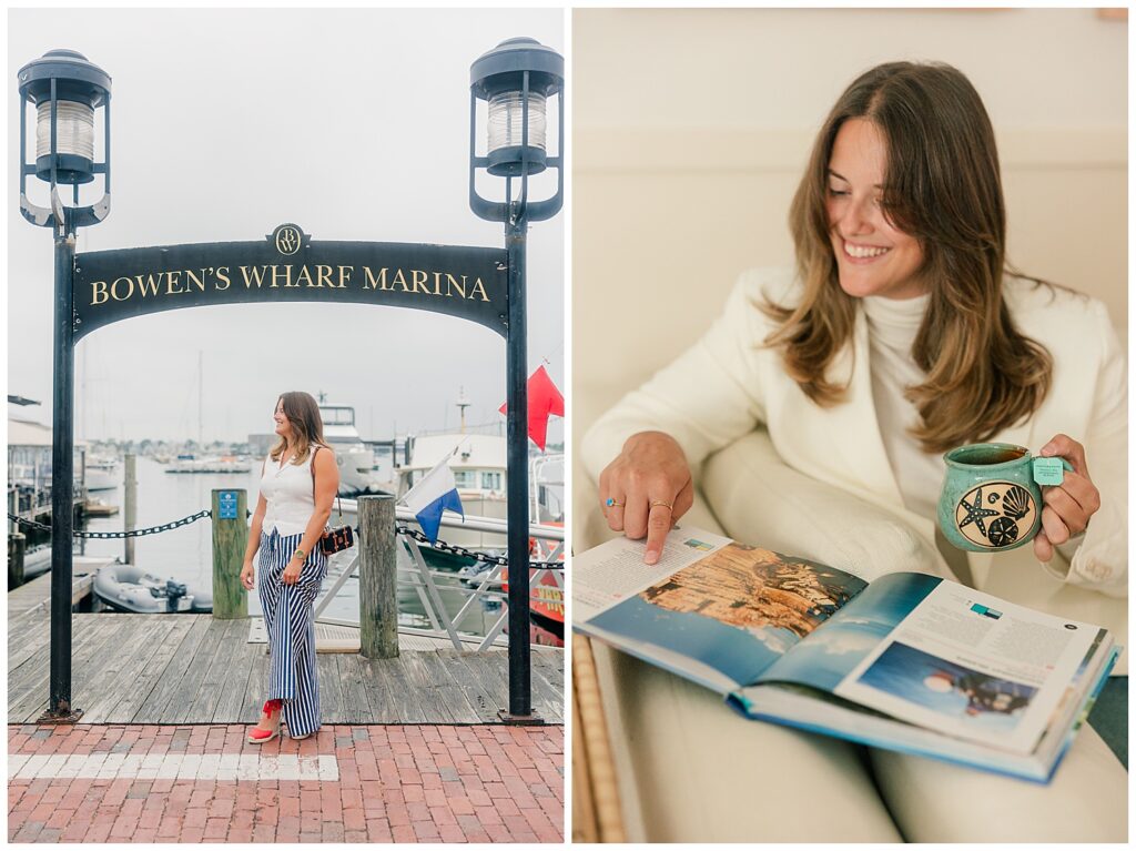Brand photo of a woman planning a trip while sitting on an orange leather couch with travel guides and maps.