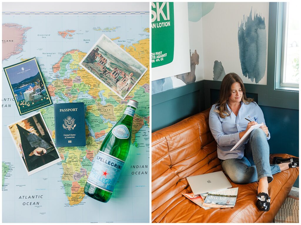 Flat lay of a world map, postcards, passport, and sparkling water—styled travel content for a luxury travel advisor brand.