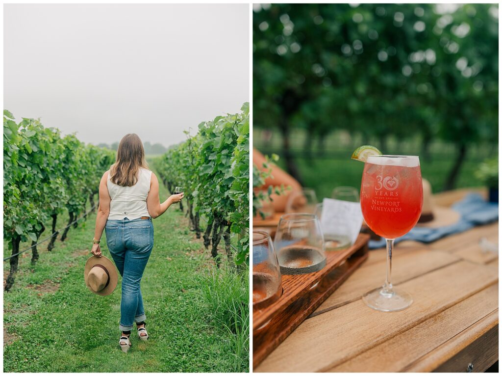 Back view of a woman holding a hat, walking through grapevines—capturing a peaceful moment at a vineyard destination.