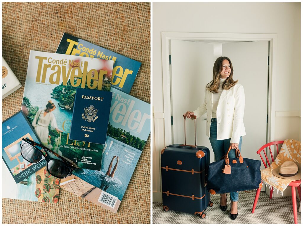 Flat lay of travel magazines, passport, and camera beside a photo of a woman rolling stylish luggage through a hallway, perfect for a travel advisor or blogger brand.