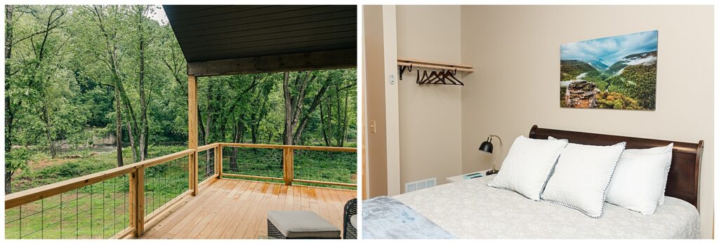 View from a modern cabin deck overlooking lush greenery, showcasing peaceful nature and vacation vibes in West Virginia.