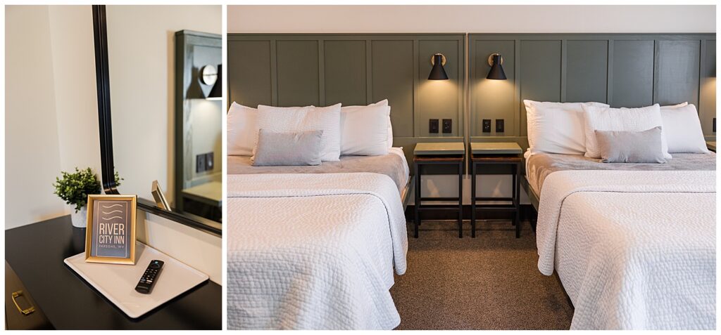 Close-up shot of a cozy king-size bed in a boutique hotel room with layered white bedding, ideal for showcasing a relaxing travel stay.