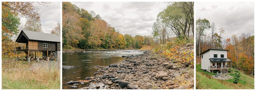 Scenic view of a rocky riverbank with vibrant fall foliage, captured in Tucker County, West Virginia.