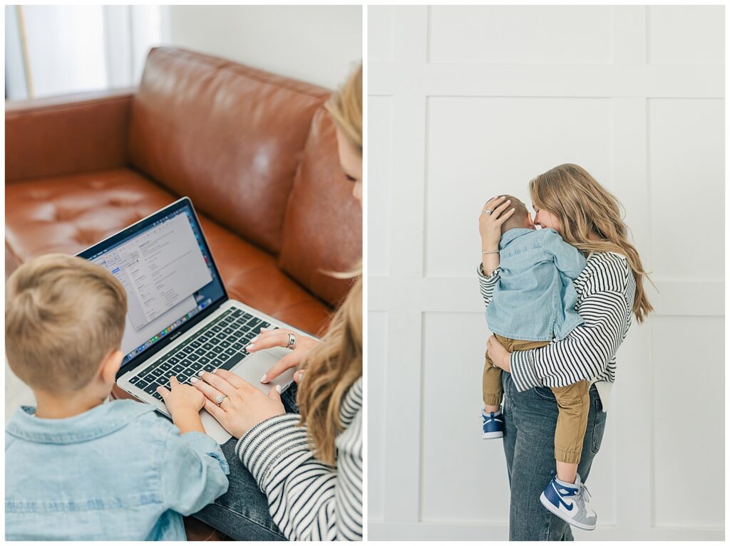 Brand photo of a mom working on a laptop from a couch while her child sits beside her, highlighting the balance of motherhood and business.