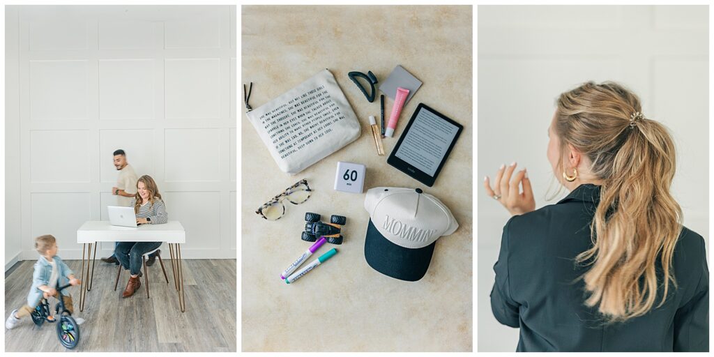 Flat lay of a laptop, tablet, planner, keys, pens, and hat styled on a neutral-toned rug—capturing the essentials of a busy working mom or entrepreneur. Liz Agnellini Virtual Assistant