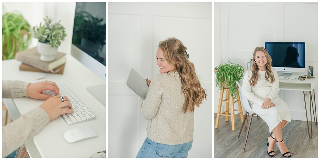 Brand photo of a woman walking with a laptop and smiling over her shoulder in a modern white office space, paired with a close-up of the same scene.